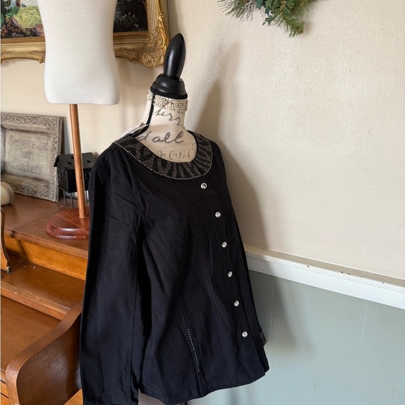 Quacker Factory Black and Silver Bling Jean Jacket with Embroidered Collar NWT - Picture 2 of 8